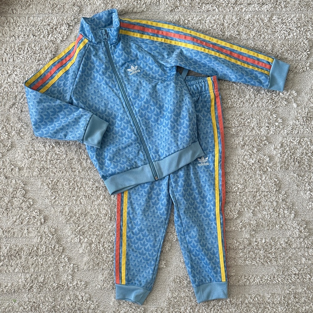 Adidas Light Blue Tracksuit with Colorful Stripes